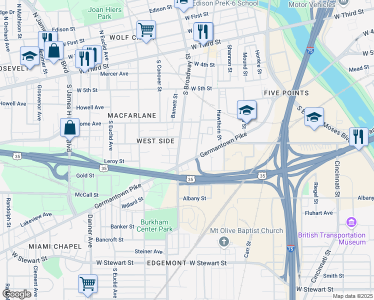 map of restaurants, bars, coffee shops, grocery stores, and more near 488 South Broadway Street in Dayton