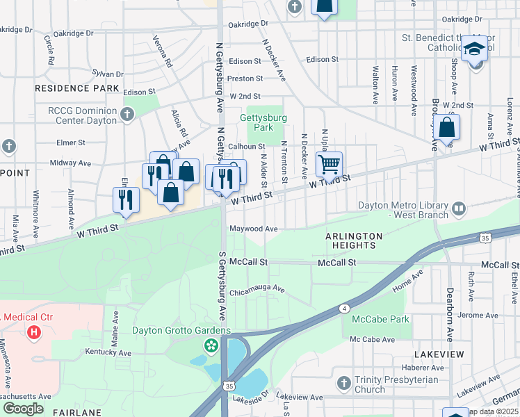 map of restaurants, bars, coffee shops, grocery stores, and more near 50 South Alder Street in Dayton