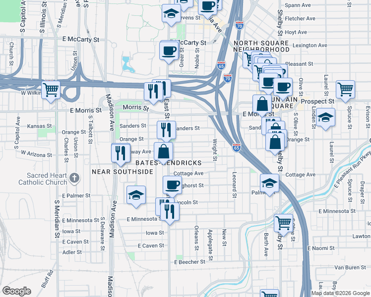 map of restaurants, bars, coffee shops, grocery stores, and more near 614 Terrace Avenue in Indianapolis
