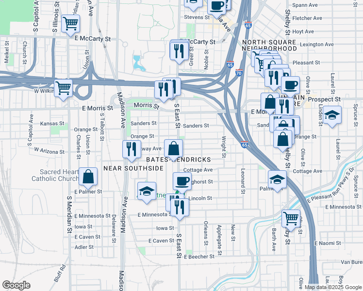 map of restaurants, bars, coffee shops, grocery stores, and more near in Indianapolis