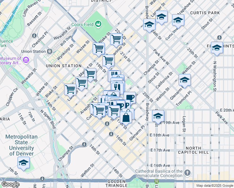 map of restaurants, bars, coffee shops, grocery stores, and more near 999 18th Street in Denver