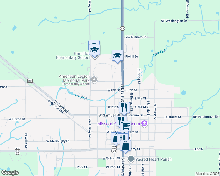 map of restaurants, bars, coffee shops, grocery stores, and more near 203 West 8th Street in Hamilton
