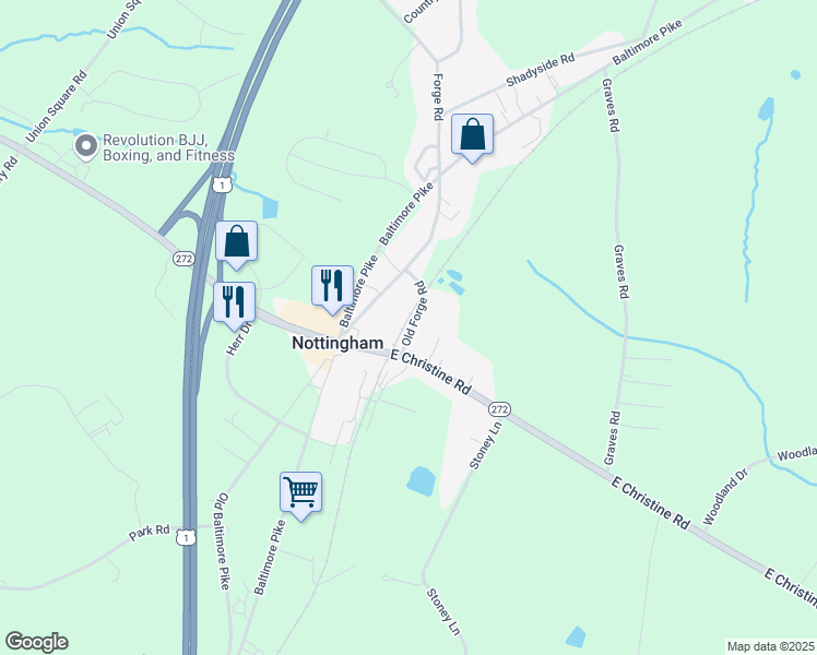 map of restaurants, bars, coffee shops, grocery stores, and more near 5 Old Forge Rd in Nottingham
