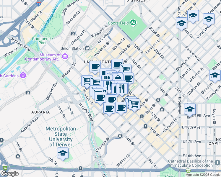 map of restaurants, bars, coffee shops, grocery stores, and more near Larimer Street & 16th Street Mall in Denver