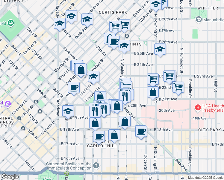 map of restaurants, bars, coffee shops, grocery stores, and more near 2300 Court Place in Denver