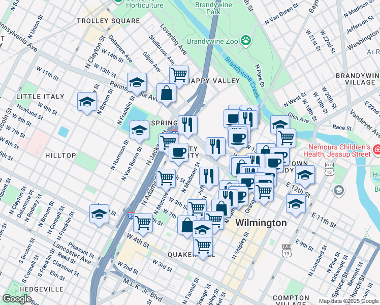 map of restaurants, bars, coffee shops, grocery stores, and more near 712 West 11th Street in Wilmington