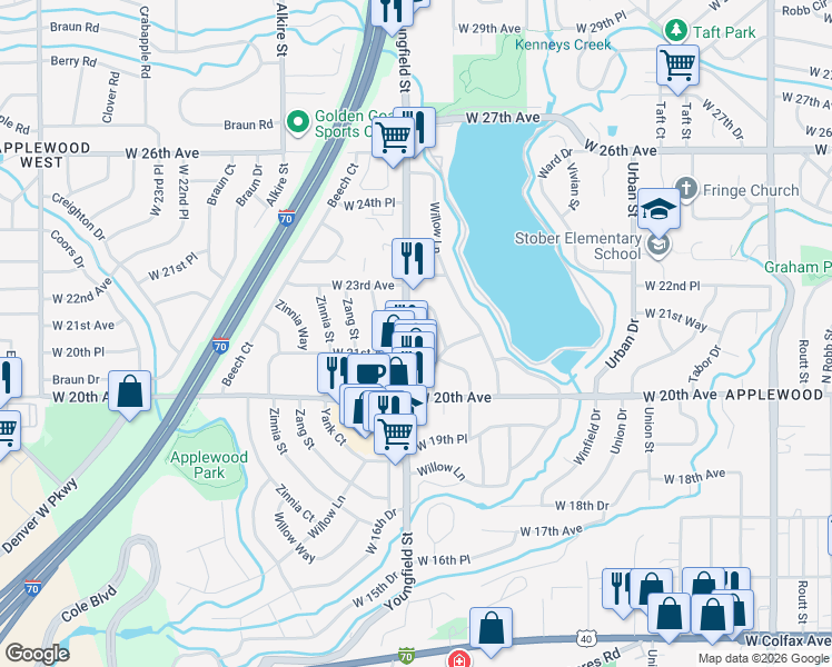 map of restaurants, bars, coffee shops, grocery stores, and more near 12800 West 21st Avenue in Golden