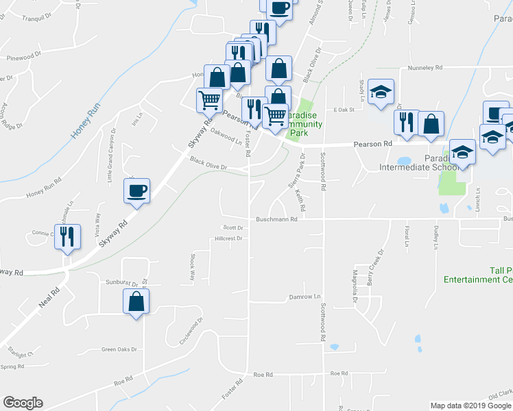 map of restaurants, bars, coffee shops, grocery stores, and more near 5570 Brookside Avenue in Paradise
