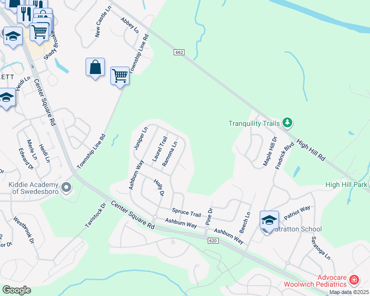 map of restaurants, bars, coffee shops, grocery stores, and more near 135 Juniper Ln in Swedesboro