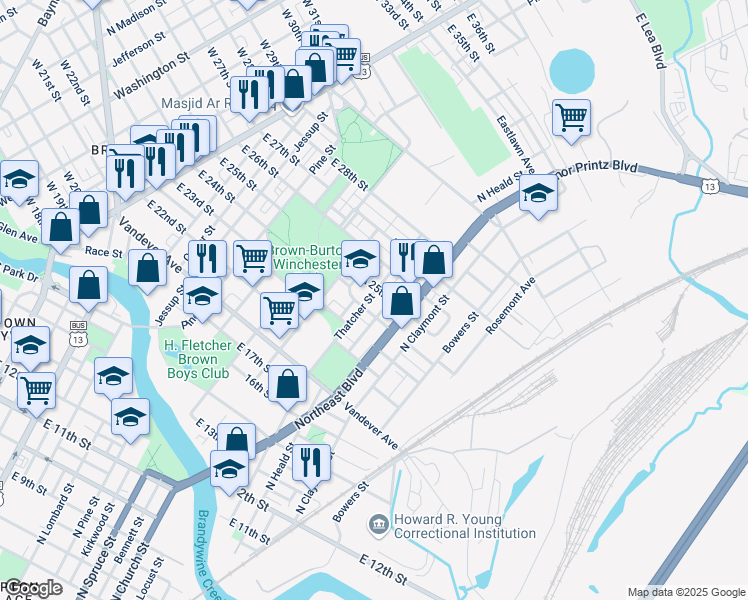 map of restaurants, bars, coffee shops, grocery stores, and more near 2412 Thatcher Street in Wilmington
