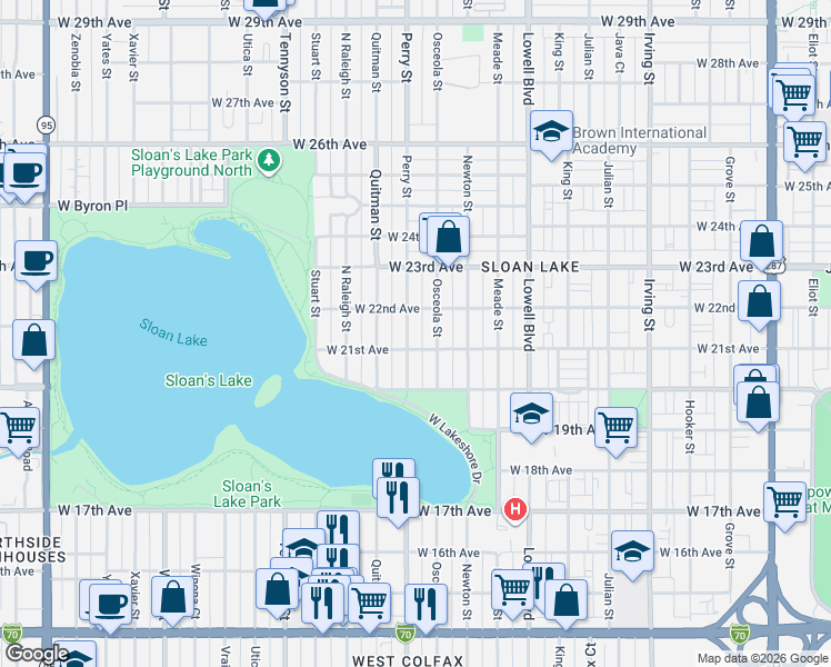 map of restaurants, bars, coffee shops, grocery stores, and more near 2116 Perry Street in Denver