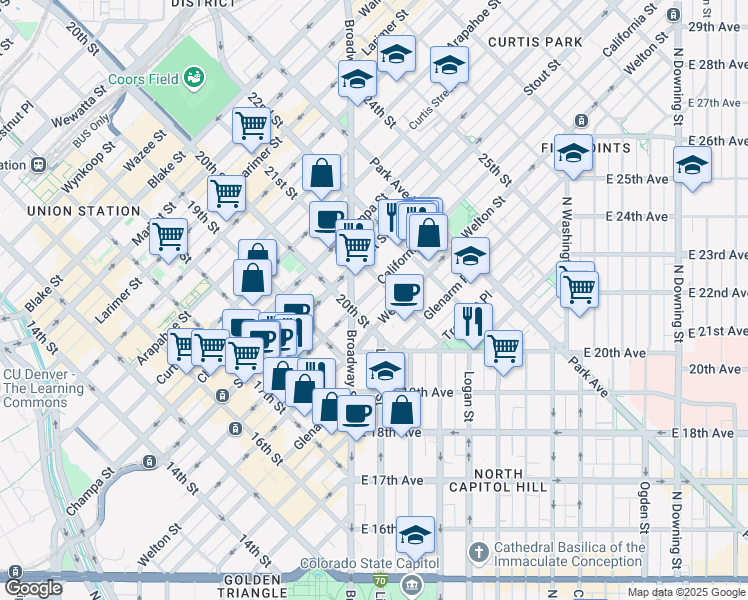 map of restaurants, bars, coffee shops, grocery stores, and more near 2080 California Street in Denver