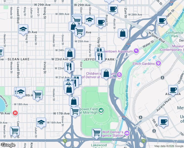 map of restaurants, bars, coffee shops, grocery stores, and more near in Denver