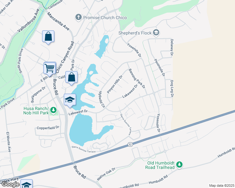 map of restaurants, bars, coffee shops, grocery stores, and more near 5 Windbridge Court in Chico