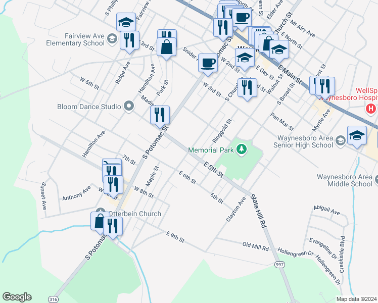map of restaurants, bars, coffee shops, grocery stores, and more near South Church Street in Waynesboro