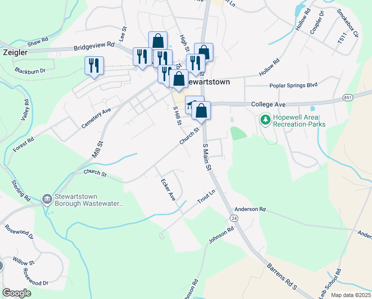 map of restaurants, bars, coffee shops, grocery stores, and more near 18 Church Street in Stewartstown