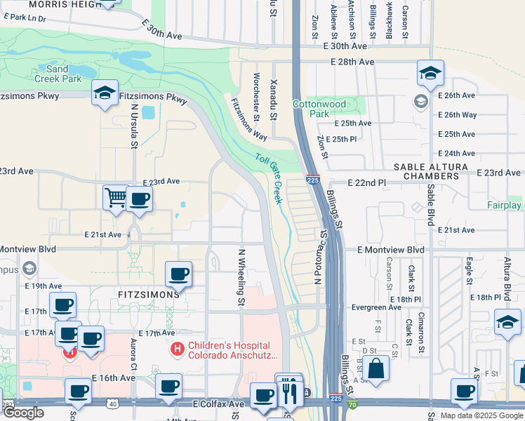 map of restaurants, bars, coffee shops, grocery stores, and more near 13525 East 23rd Avenue in Aurora