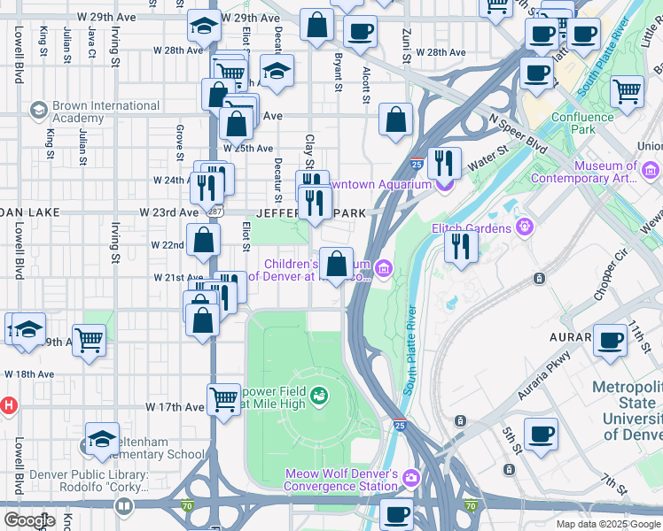 map of restaurants, bars, coffee shops, grocery stores, and more near 2650 West Front View Crescent Drive in Denver