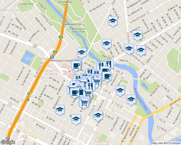 map of restaurants, bars, coffee shops, grocery stores, and more near 1306 North Tatnall Street in Wilmington