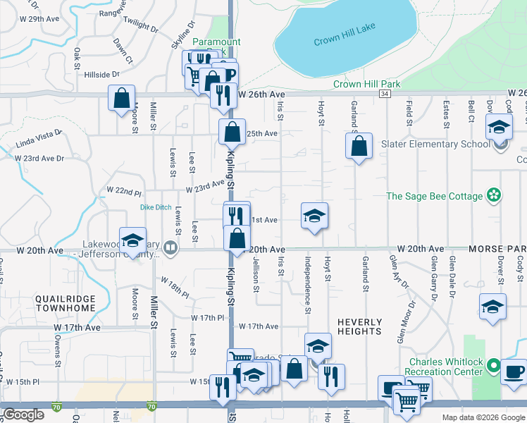 map of restaurants, bars, coffee shops, grocery stores, and more near 9786 West 22nd Place in Lakewood