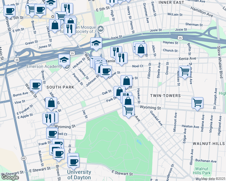 map of restaurants, bars, coffee shops, grocery stores, and more near 1236 Wayne Avenue in Dayton