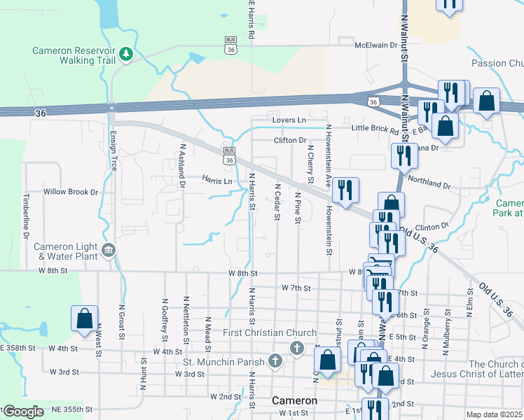 map of restaurants, bars, coffee shops, grocery stores, and more near 1000 North Harris Street in Cameron