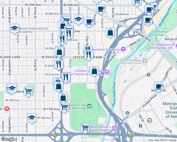 map of restaurants, bars, coffee shops, grocery stores, and more near 2110 Clay Street in Denver