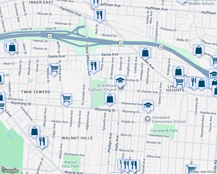 map of restaurants, bars, coffee shops, grocery stores, and more near in Dayton