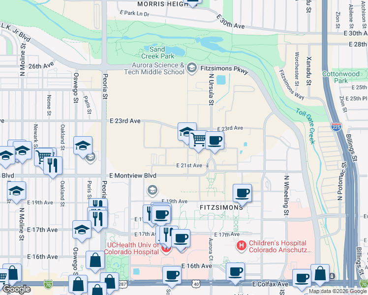 map of restaurants, bars, coffee shops, grocery stores, and more near 2242 North Scranton Street in Aurora