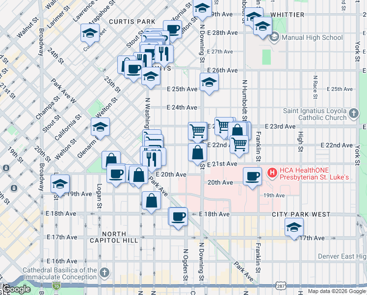 map of restaurants, bars, coffee shops, grocery stores, and more near 2225 North Ogden Street in Denver