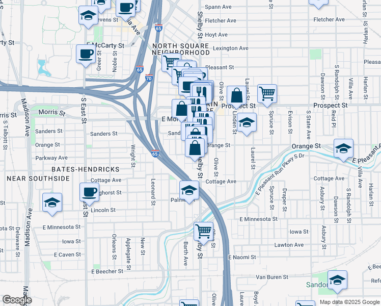 map of restaurants, bars, coffee shops, grocery stores, and more near 1260 Shelby Street in Indianapolis