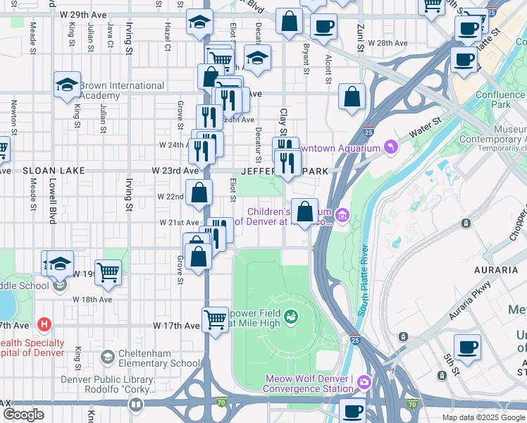 map of restaurants, bars, coffee shops, grocery stores, and more near 2124 Decatur Street in Denver