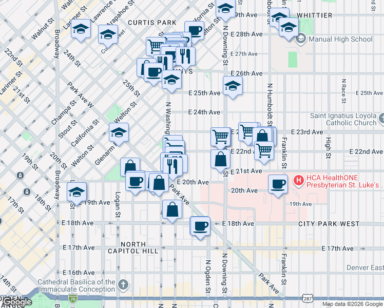 map of restaurants, bars, coffee shops, grocery stores, and more near 828 East 22nd Avenue in Denver