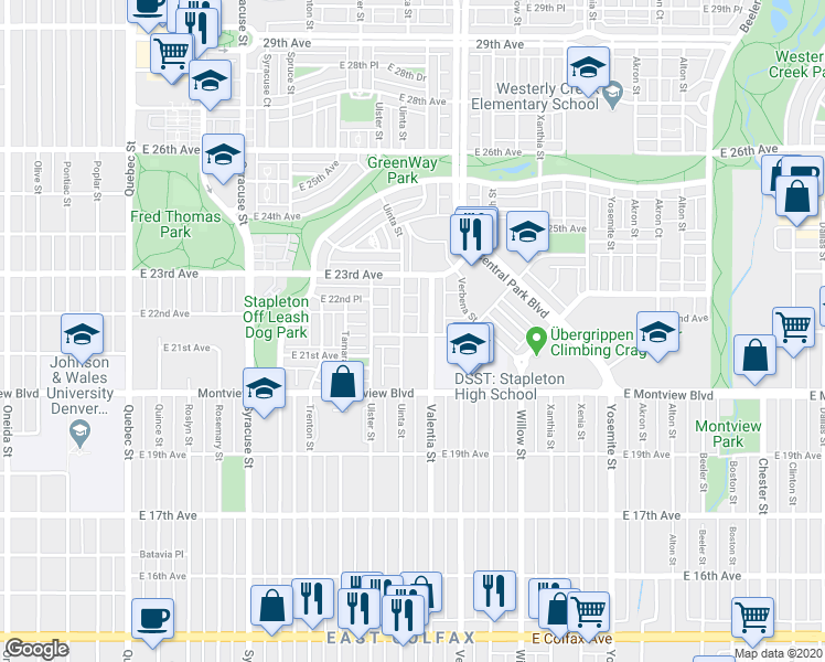 map of restaurants, bars, coffee shops, grocery stores, and more near 2243 Valentia Street in Denver