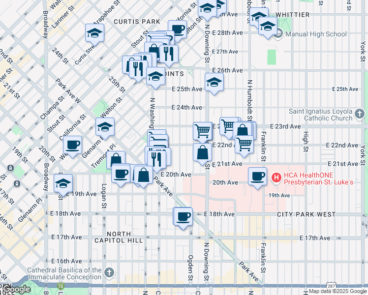map of restaurants, bars, coffee shops, grocery stores, and more near 2225 Emerson Street in Denver