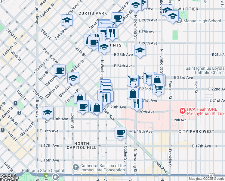 map of restaurants, bars, coffee shops, grocery stores, and more near 2225 Emerson Street in Denver