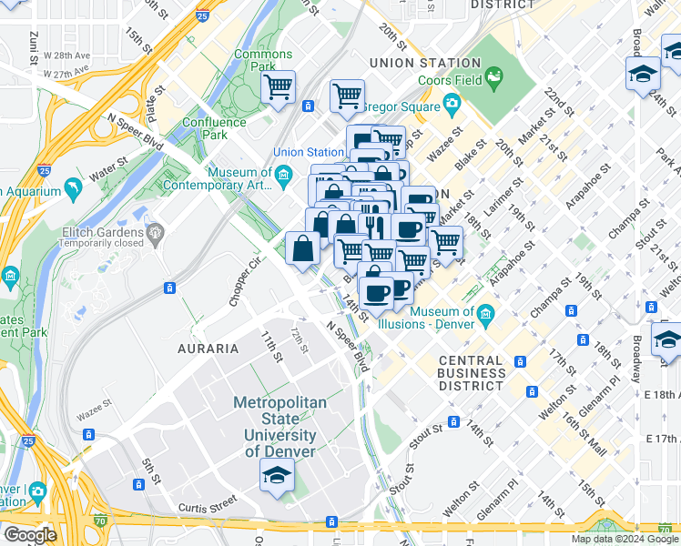 map of restaurants, bars, coffee shops, grocery stores, and more near 1450 Wazee Street in Denver