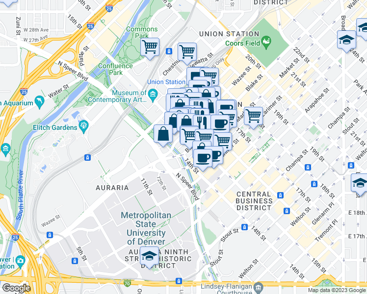 map of restaurants, bars, coffee shops, grocery stores, and more near 1450 Wazee Street in Denver