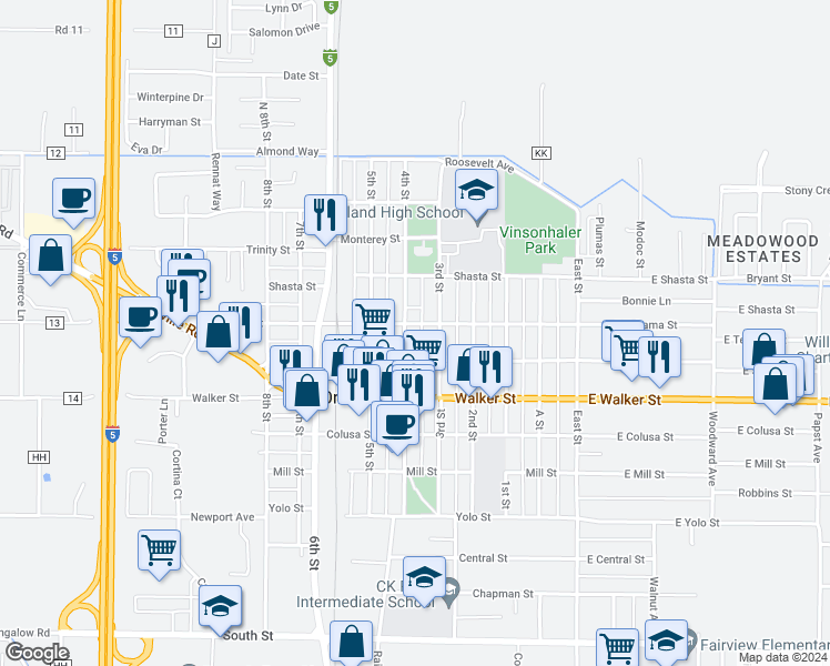 map of restaurants, bars, coffee shops, grocery stores, and more near 436 3rd Street in Orland