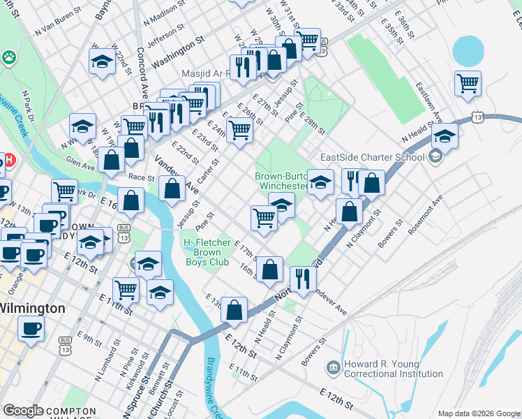 map of restaurants, bars, coffee shops, grocery stores, and more near 710 East 23rd Street in Wilmington