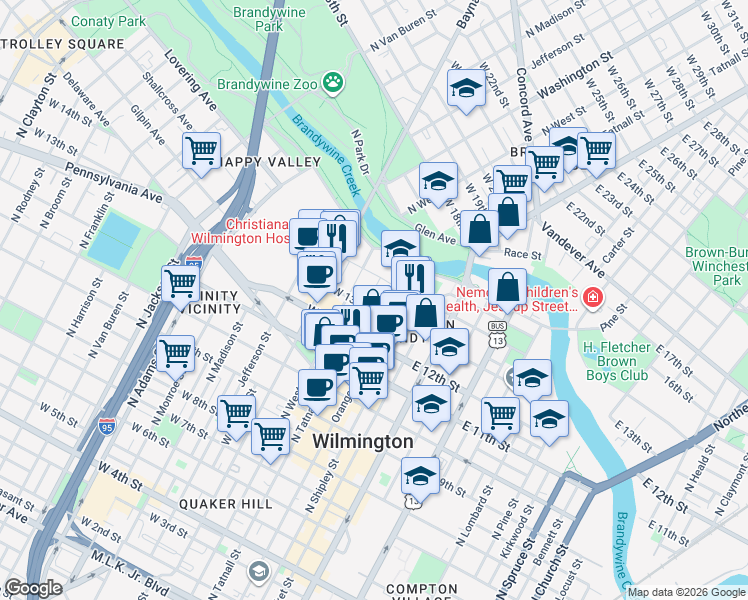 map of restaurants, bars, coffee shops, grocery stores, and more near 119 Winchester Place in Wilmington