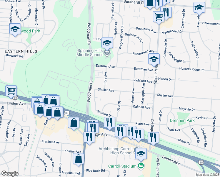 map of restaurants, bars, coffee shops, grocery stores, and more near 4320 Richland Avenue in Dayton