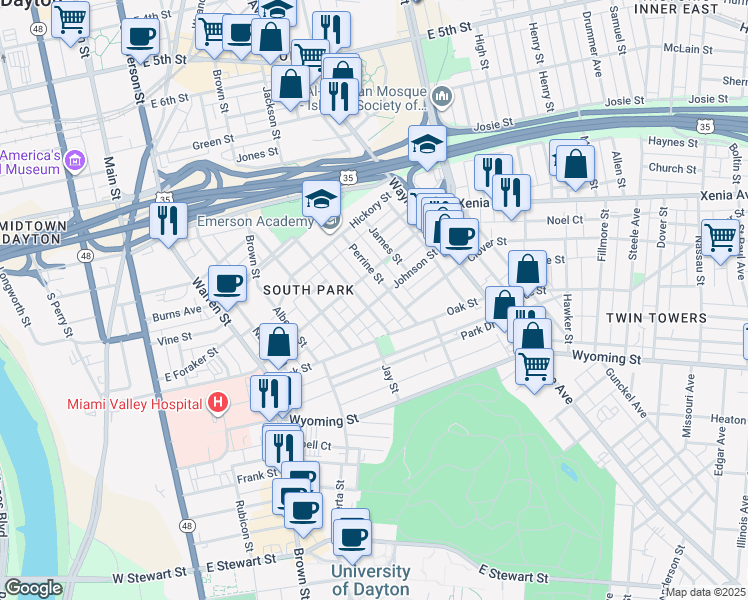 map of restaurants, bars, coffee shops, grocery stores, and more near 116 Perrine Street in Dayton