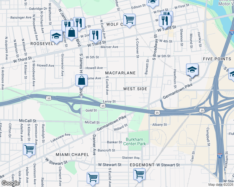 map of restaurants, bars, coffee shops, grocery stores, and more near 225 Boyer Street in Dayton