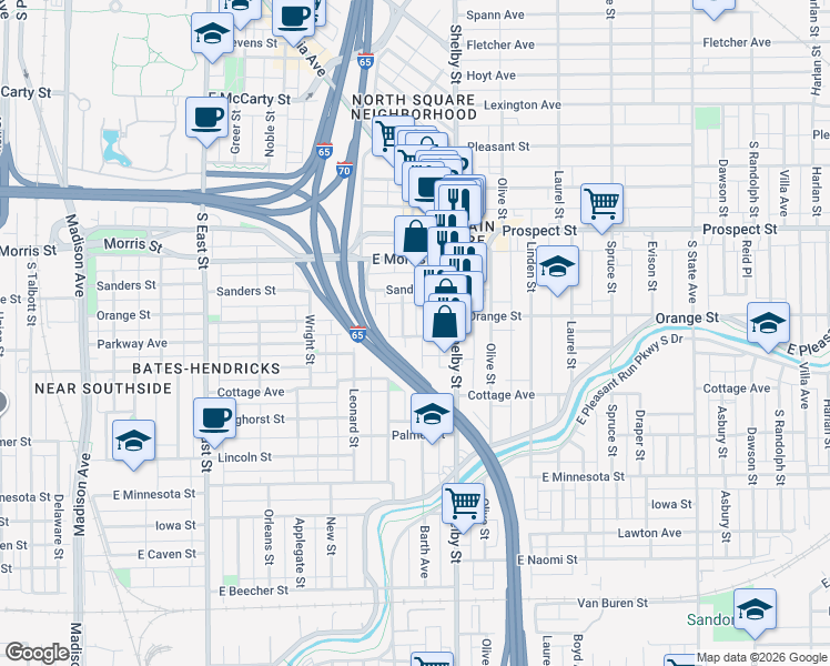 map of restaurants, bars, coffee shops, grocery stores, and more near 1248 Ringgold Avenue in Indianapolis