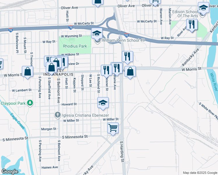 map of restaurants, bars, coffee shops, grocery stores, and more near 1240 South Reisner Street in Indianapolis