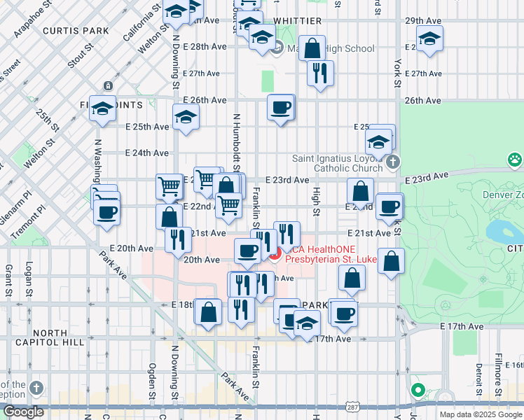 map of restaurants, bars, coffee shops, grocery stores, and more near 2170 Franklin Street in Denver
