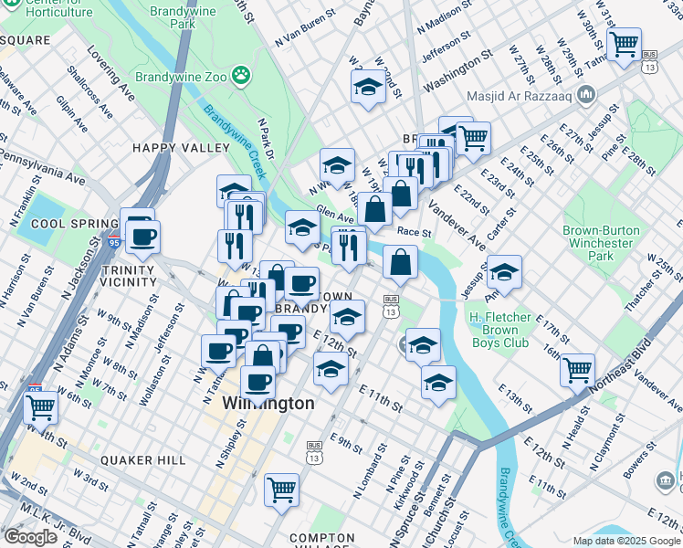 map of restaurants, bars, coffee shops, grocery stores, and more near 2 East 15th Street in Wilmington