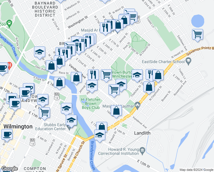 map of restaurants, bars, coffee shops, grocery stores, and more near 704 East 22nd Street in Wilmington