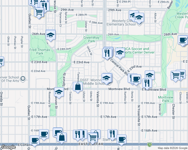 map of restaurants, bars, coffee shops, grocery stores, and more near 2243 Valentia Street in Denver